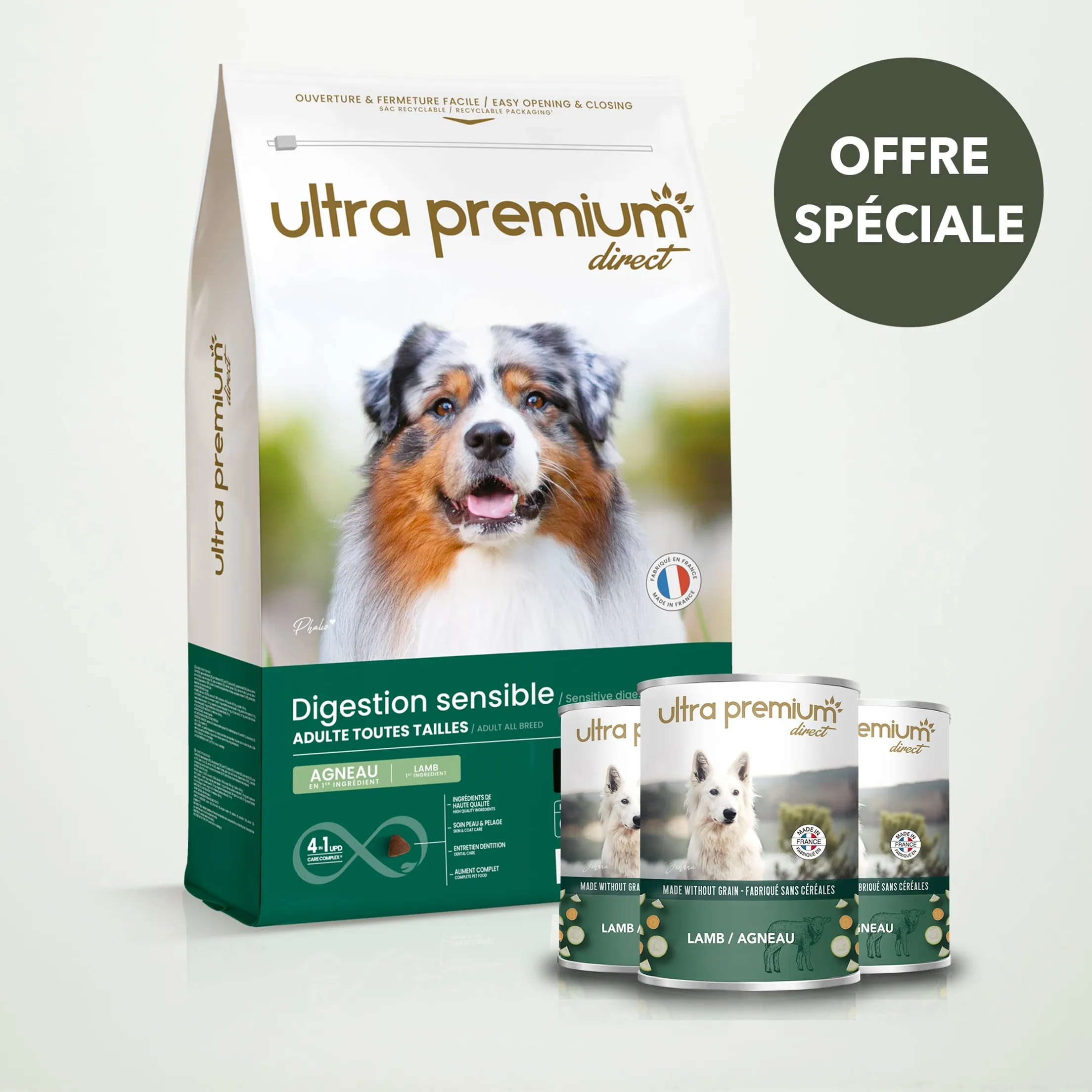 Pack Bi-nutrition : 12 kg Croquettes Sans Céréales Chien Digestion Sensible + 24 Boîtes Pâtée Agneau